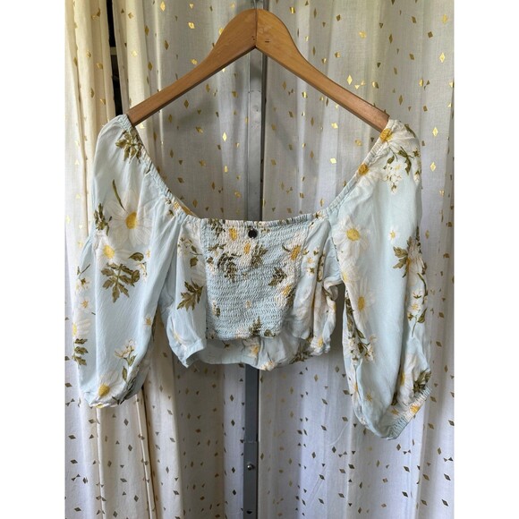 Billabong Summer Field Floral Smocked Shirred Back Balloon Sleeves Crop Top M - Picture 4 of 7
